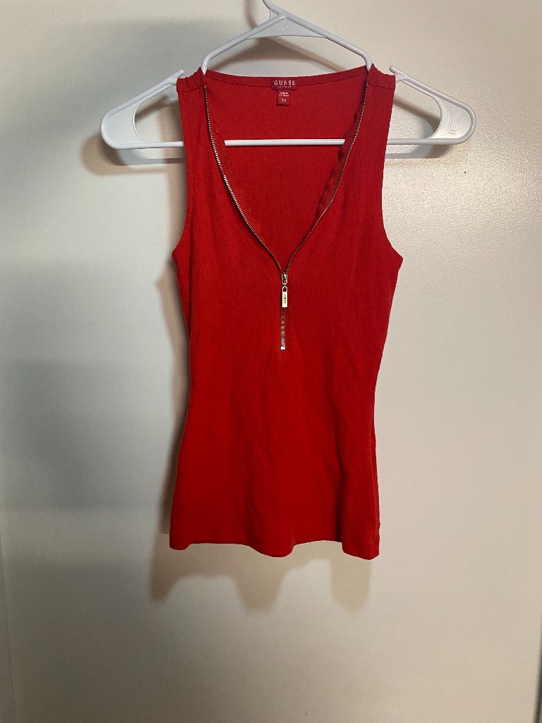 Vintage Y2k Guess Red Ribbed Zip Front Tank Top Sleeveless Xs